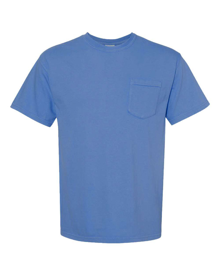 Front View of Neon Blue Garment-Dyed Heavyweight Pocket T-Shirt - 6030