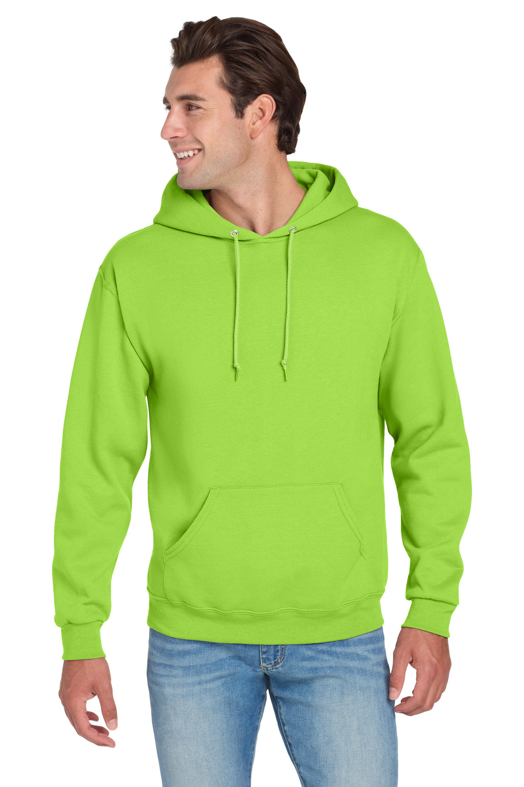 Front View of Neon Green Jerzees NuBlend Pullover Hooded Sweatshirt. 996M