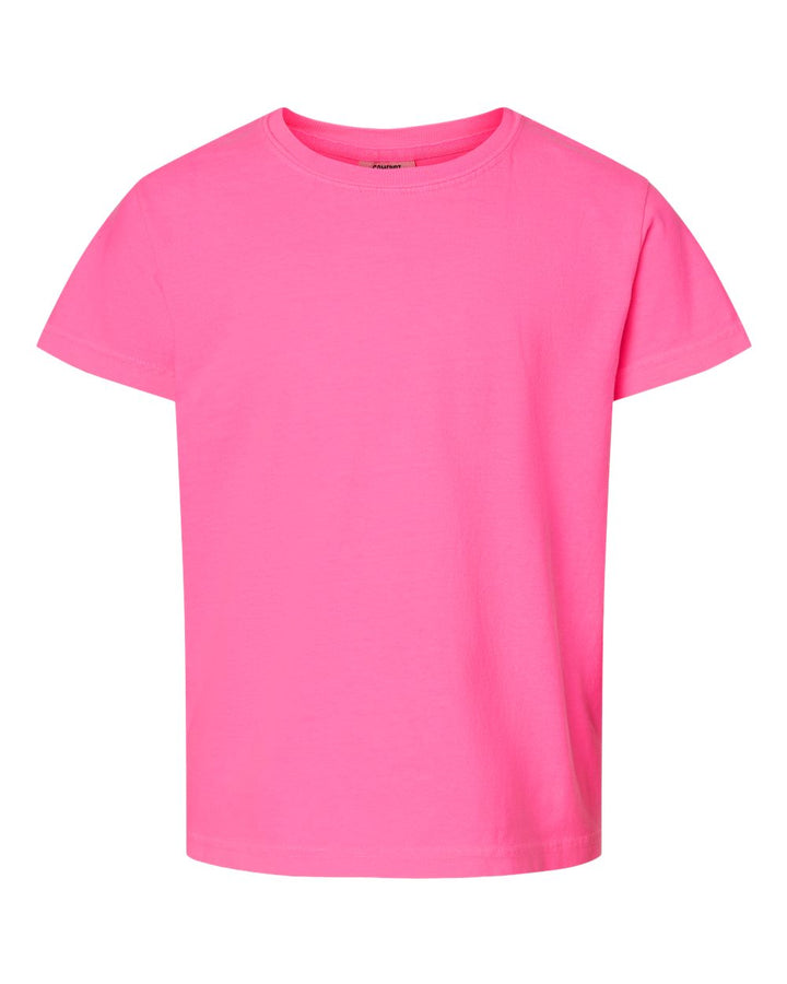 Front View of Neon Pink Garment-Dyed Youth Heavyweight T-Shirt - 9018