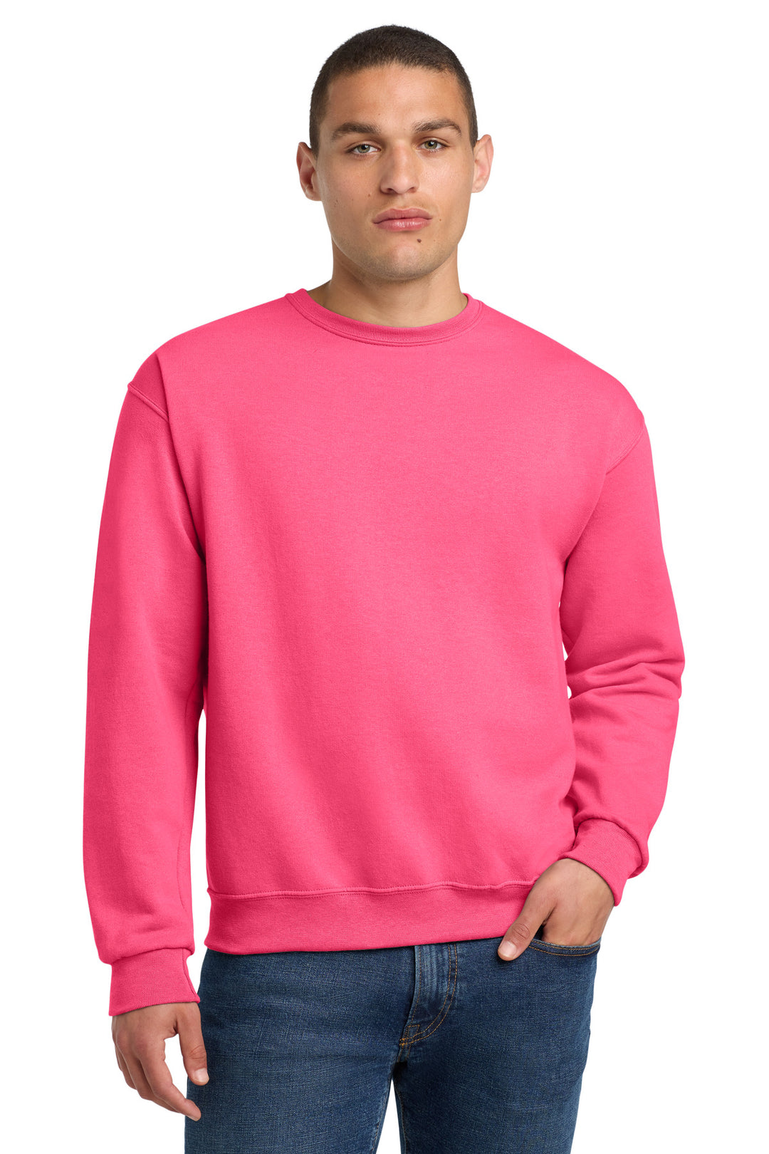 Front View of Neon Pink Jerzees - NuBlend Crewneck Sweatshirt. 562M