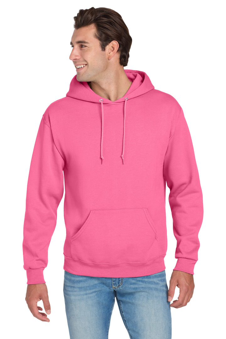 Front View of Neon Pink Jerzees NuBlend Pullover Hooded Sweatshirt. 996M