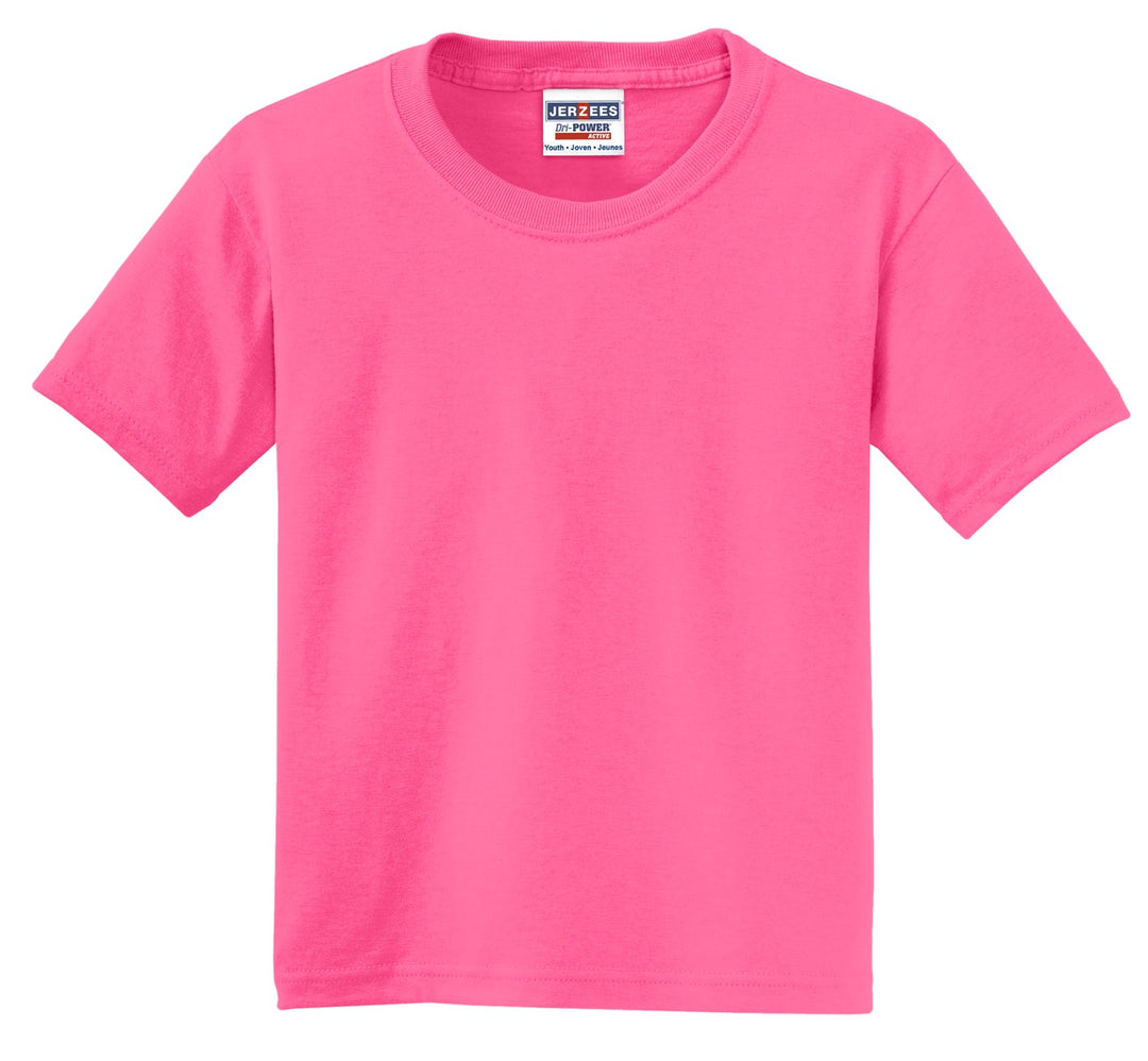 Front View of Neon Pink Jerzees - Youth Dri-Power 50/50 Cotton/Poly T-Shirt. 29B