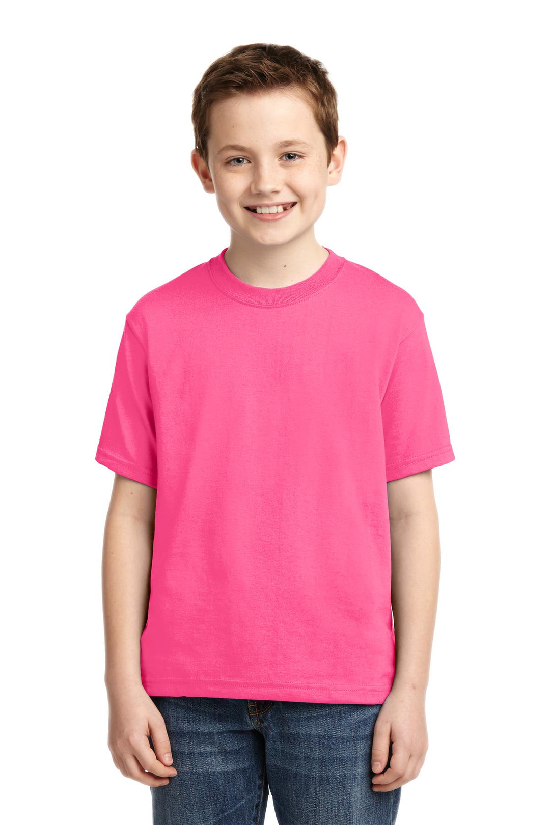 Front View of Neon Pink Jerzees - Youth Dri-Power 50/50 Cotton/Poly T-Shirt. 29B
