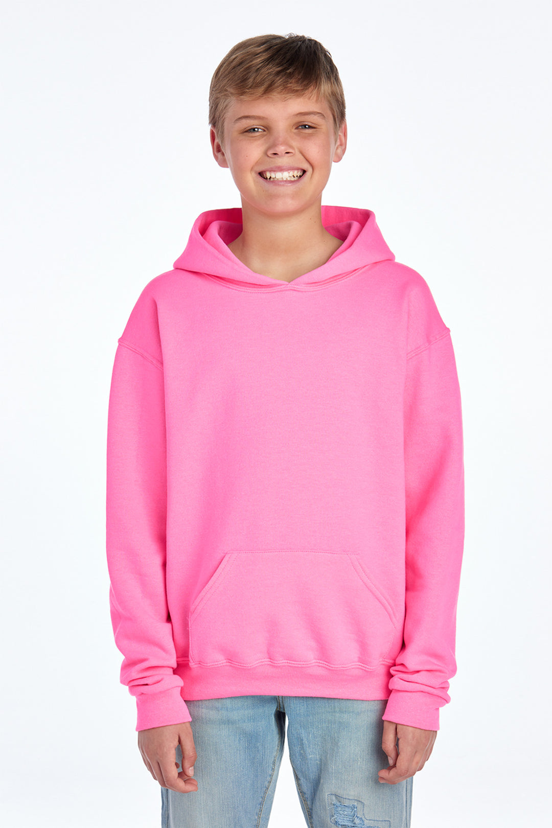 Front View of Neon Pink Jerzees - Youth NuBlend Pullover Hooded Sweatshirt. 996Y