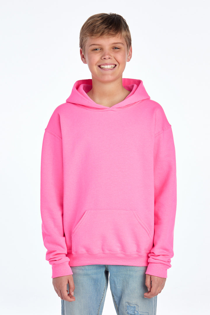 Front View of Neon Pink Jerzees - Youth NuBlend Pullover Hooded Sweatshirt. 996Y
