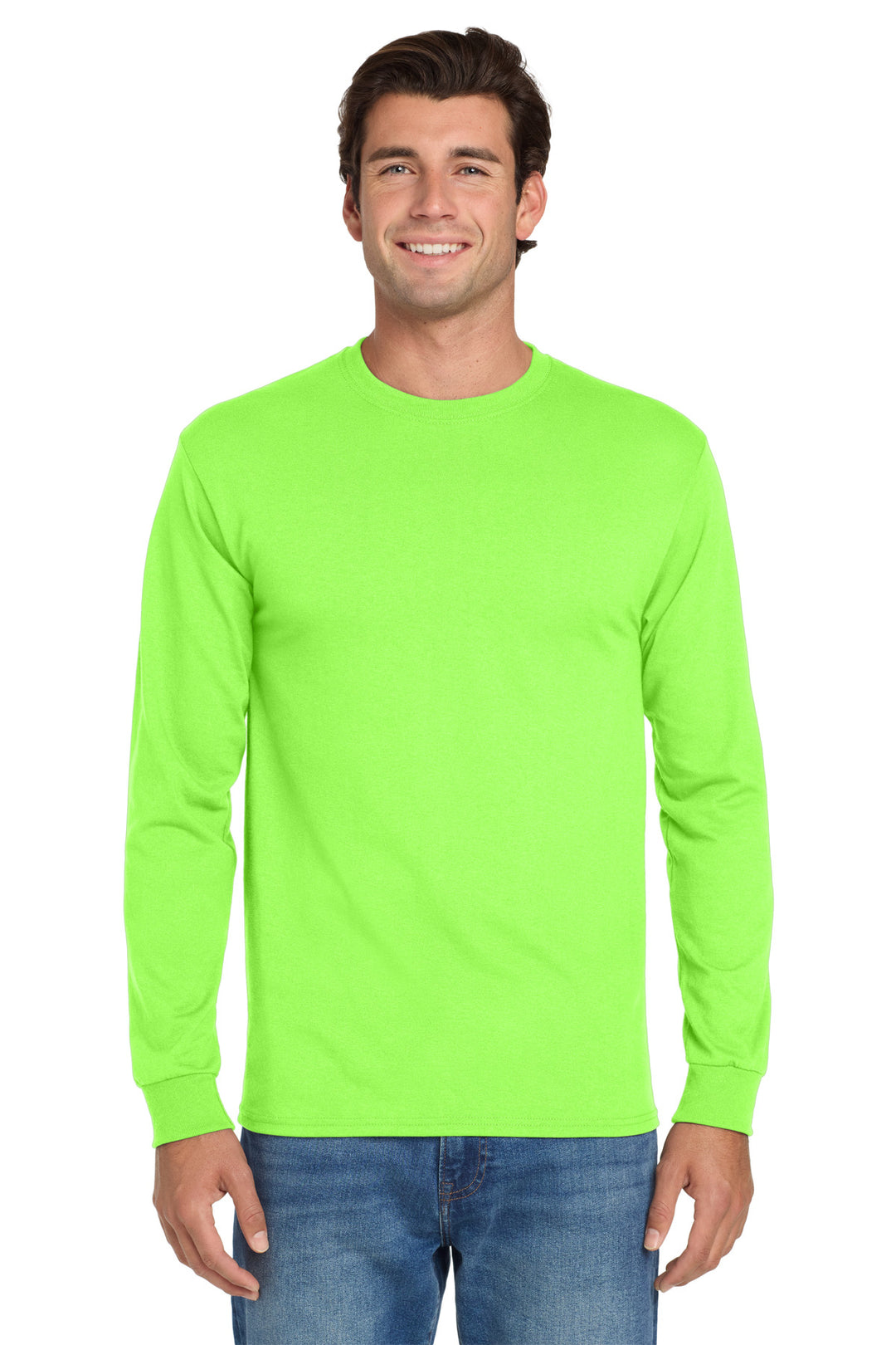 Front View of NeonGreen Jerzees - Dri-Power 50/50 Cotton/Poly Long Sleeve T-Shirt. 29LS