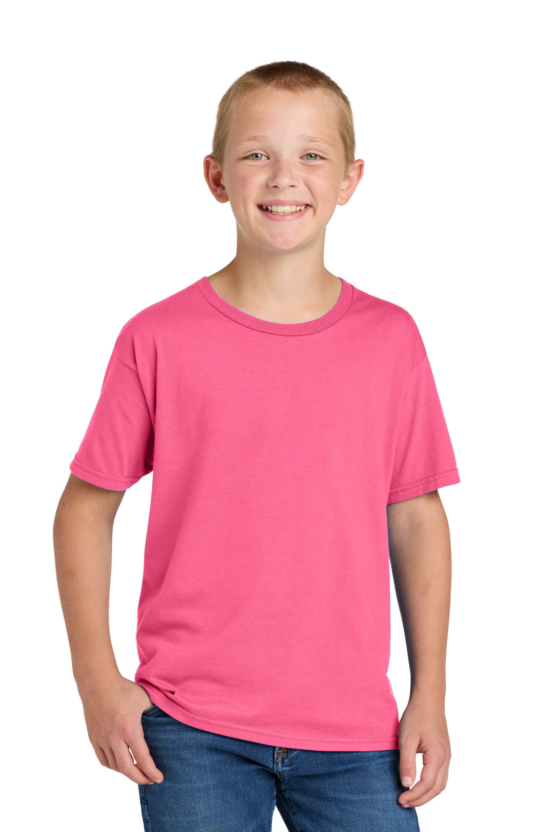 Front View of NeonPink Jerzees Classics Youth Cotton T-Shirt 363Y