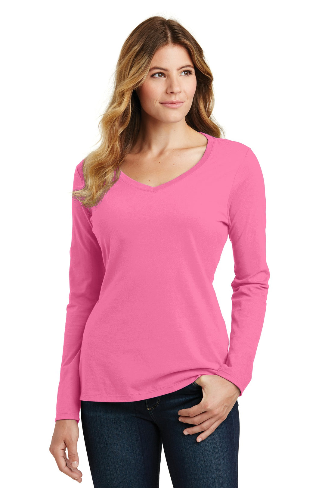 Front View of New Pink Port & Company Women's Long Sleeve Fan Favorite V-Neck Tee. LPC450VLS
