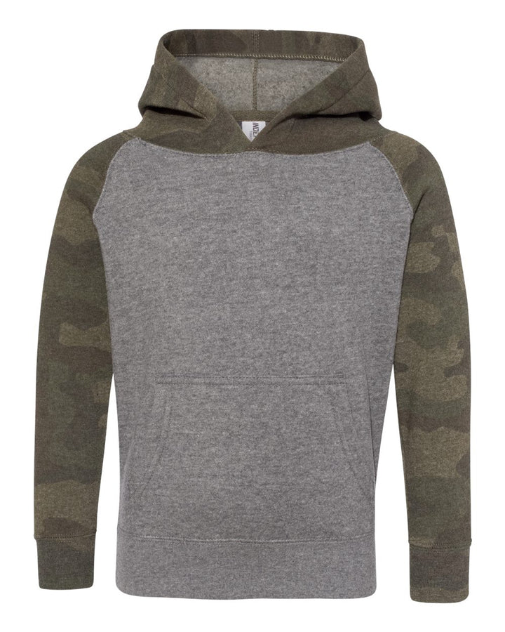 Front View of Nickel Heather/ Forest Camo Toddler Special Blend Hooded Raglan Sweatshirt - PRM10TSB