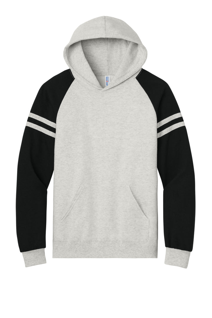 Front View of OatH/BkInk Jerzees Unisex NuBlend Varsity Colorblock Hooded Sweatshirt 97C