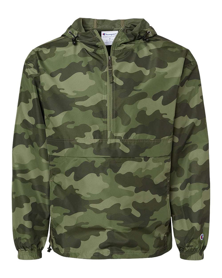Front View of Olive Green Camo Packable Anorak Jacket - CO200