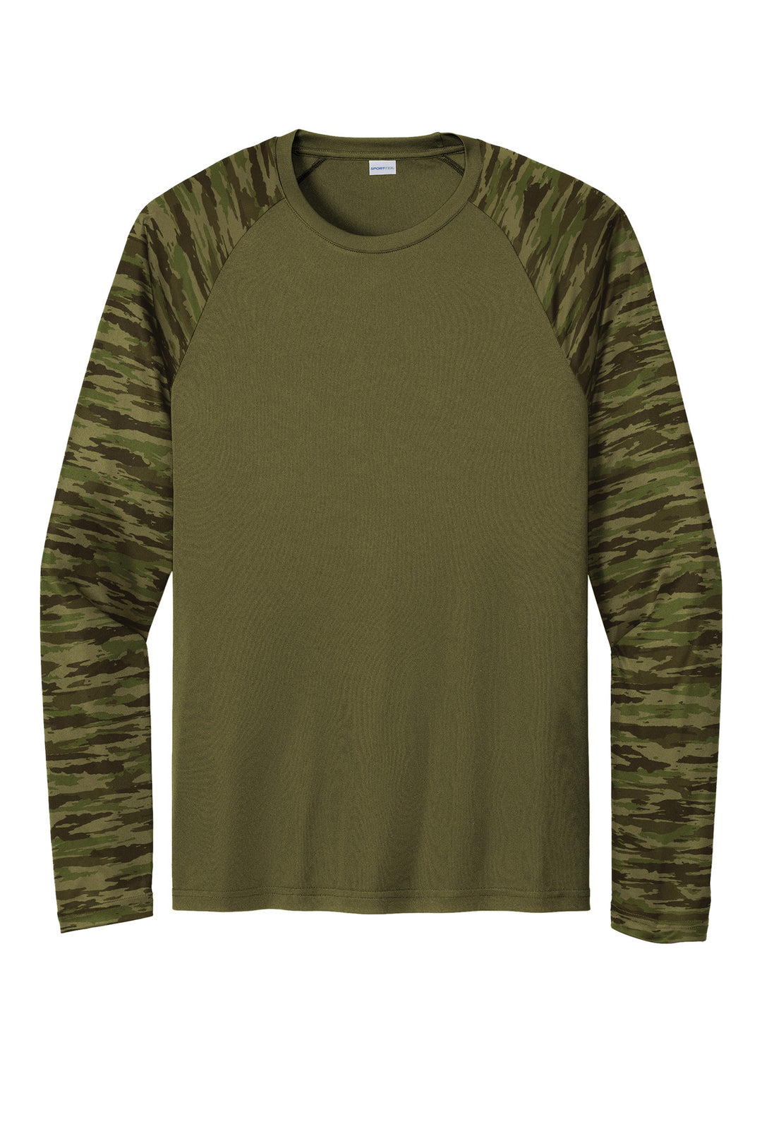 Front View of OlvDrabGn Sport-Tek Drift Camo Colorblock Long Sleeve Tee ST376LS
