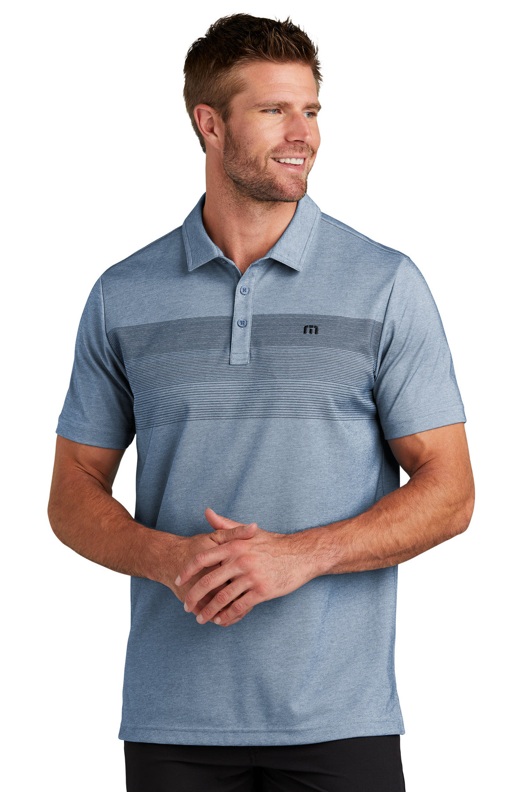 Front View of OpalBluHtr TravisMathew Coastal Chest Stripe Polo TM1MY402