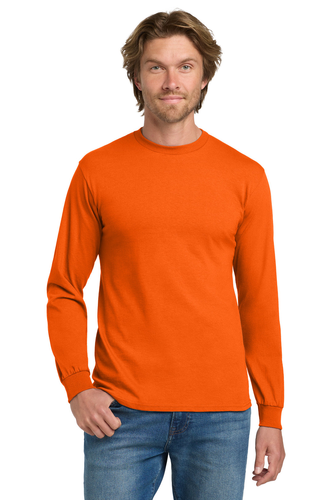 Front View of Orange Gildan - Heavy Cotton 100% Cotton Long Sleeve T-Shirt. 5400
