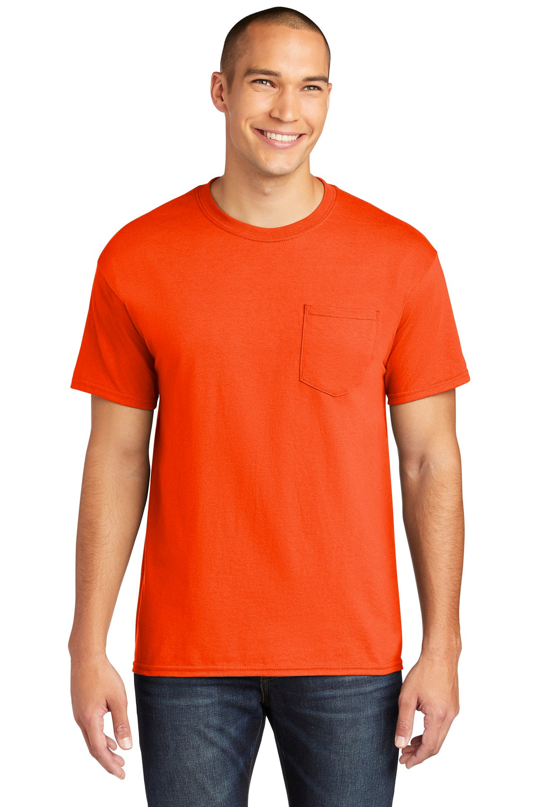 Front View of Orange Gildan Heavy Cotton 100% Cotton Pocket T-Shirt. 5300
