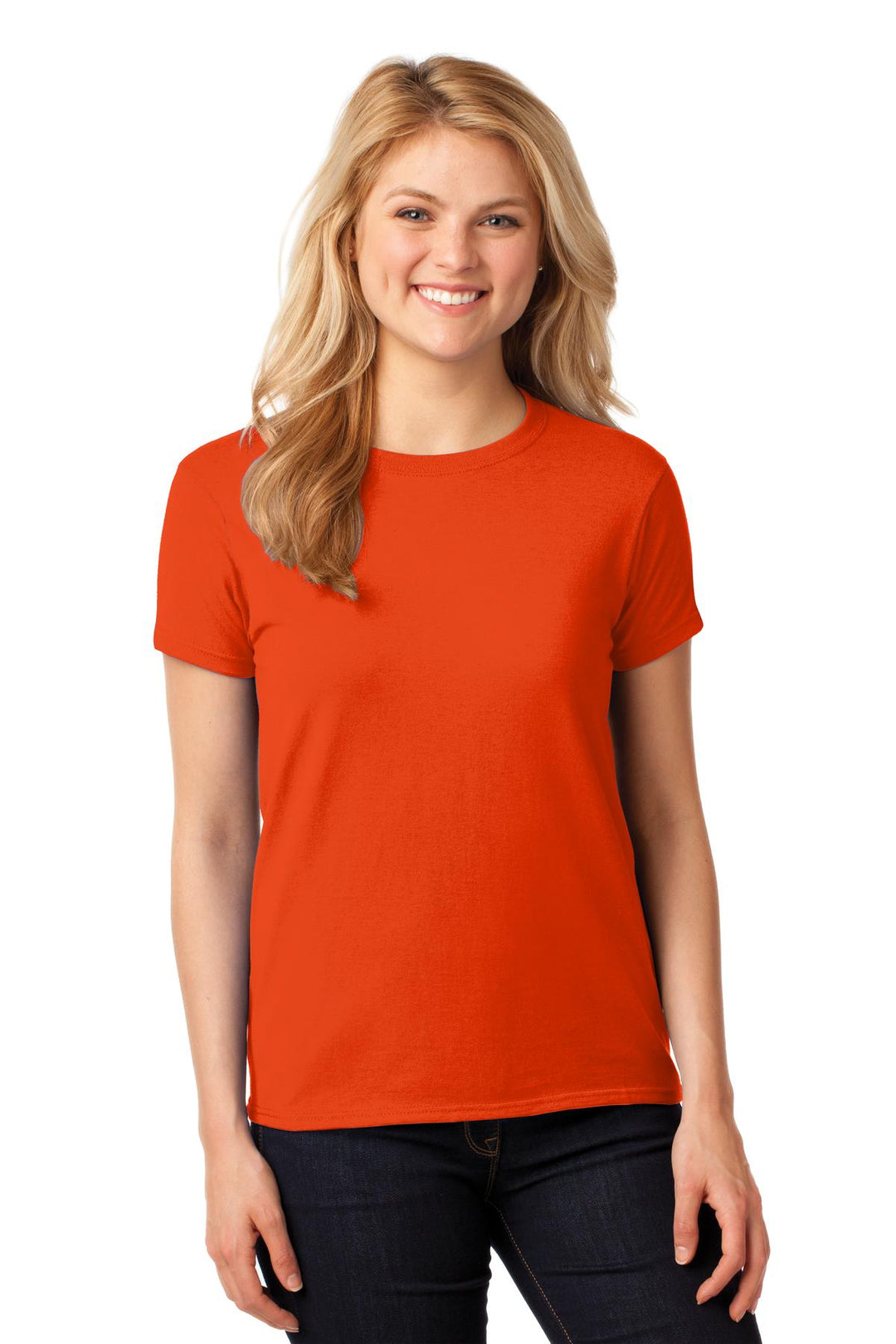 Front View of Orange Gildan Women's Heavy Cotton 100% Cotton T-Shirt. 5000L
