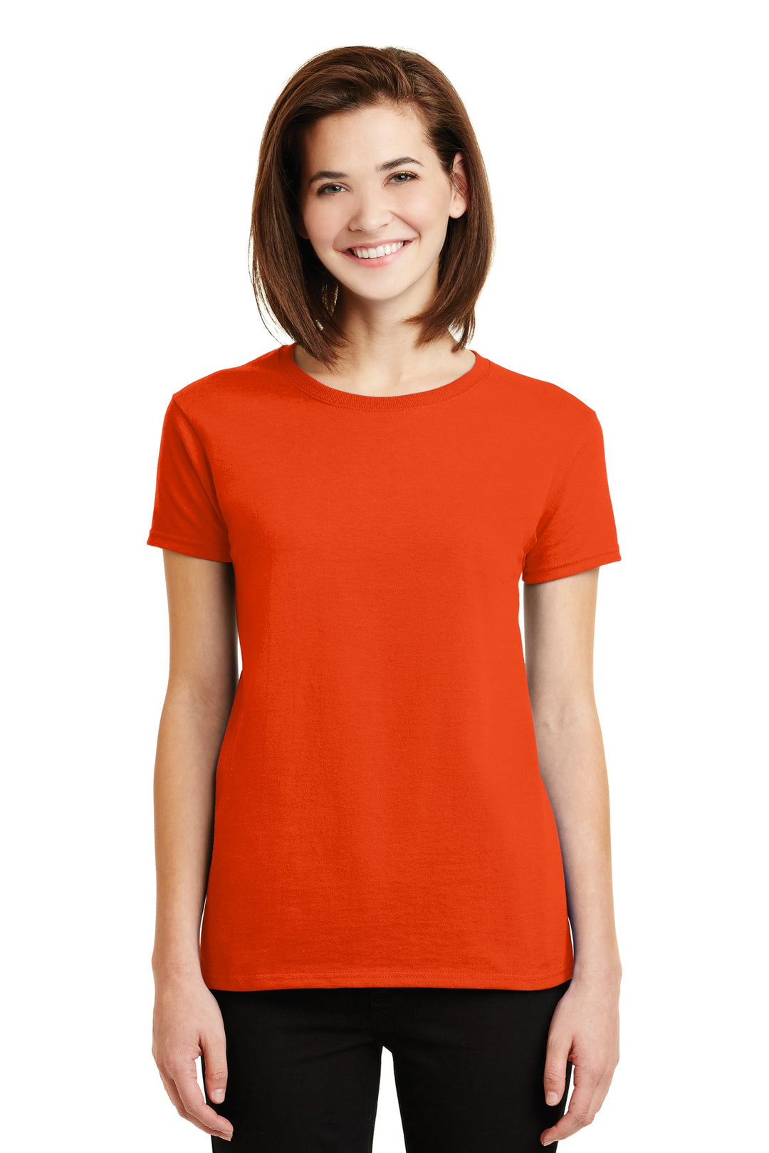 Front View of Orange Gildan Women's Ultra Cotton 100% US Cotton T-Shirt. 2000L