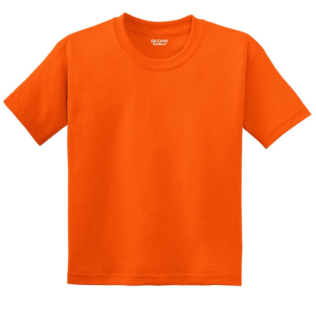 Front View of Orange Gildan Youth DryBlend 50 Cotton/50 Poly T-Shirt. 8000B