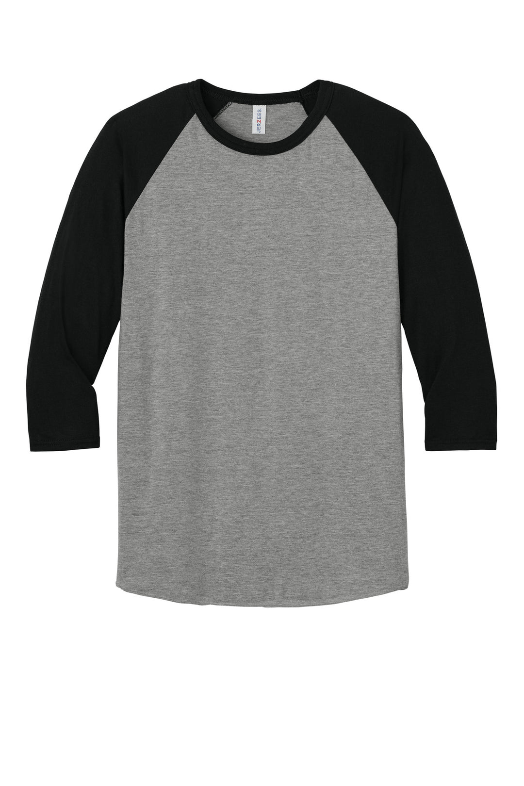 Front View of Oxfd/BkInk Jerzees Unisex Premium Blend Combed Ring Spun 3/4-Sleeve Raglan 560R