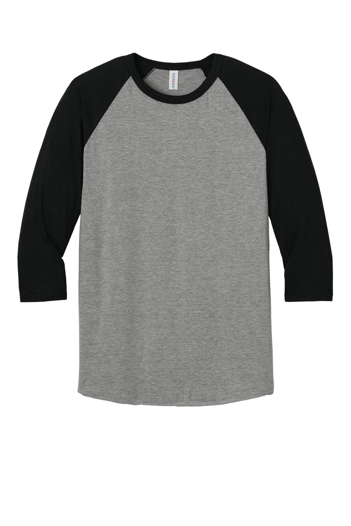 Front View of Oxfd/BkInk Jerzees Unisex Premium Blend Combed Ring Spun 3/4-Sleeve Raglan 560R