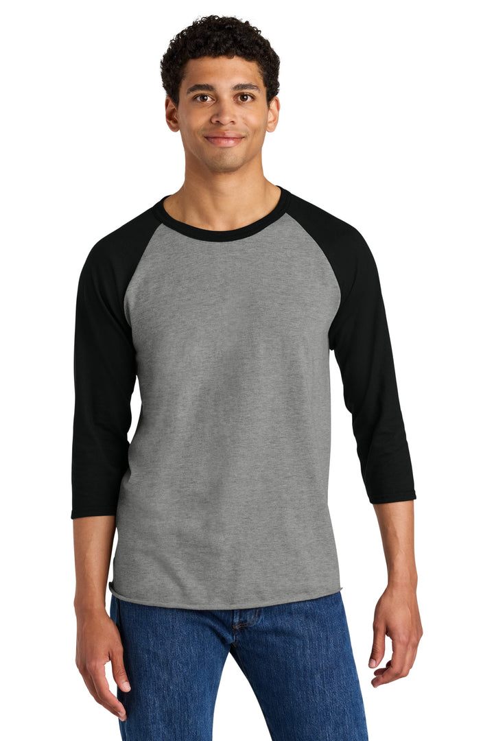 Front View of Oxfd/BkInk Jerzees Unisex Premium Blend Combed Ring Spun 3/4-Sleeve Raglan 560R