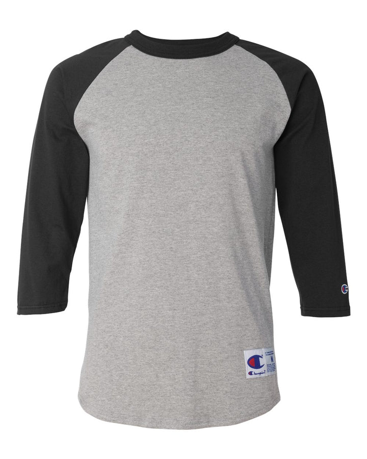 Front View of Oxford Grey/ Black Raglan Sleeve Baseball T-Shirt - T137