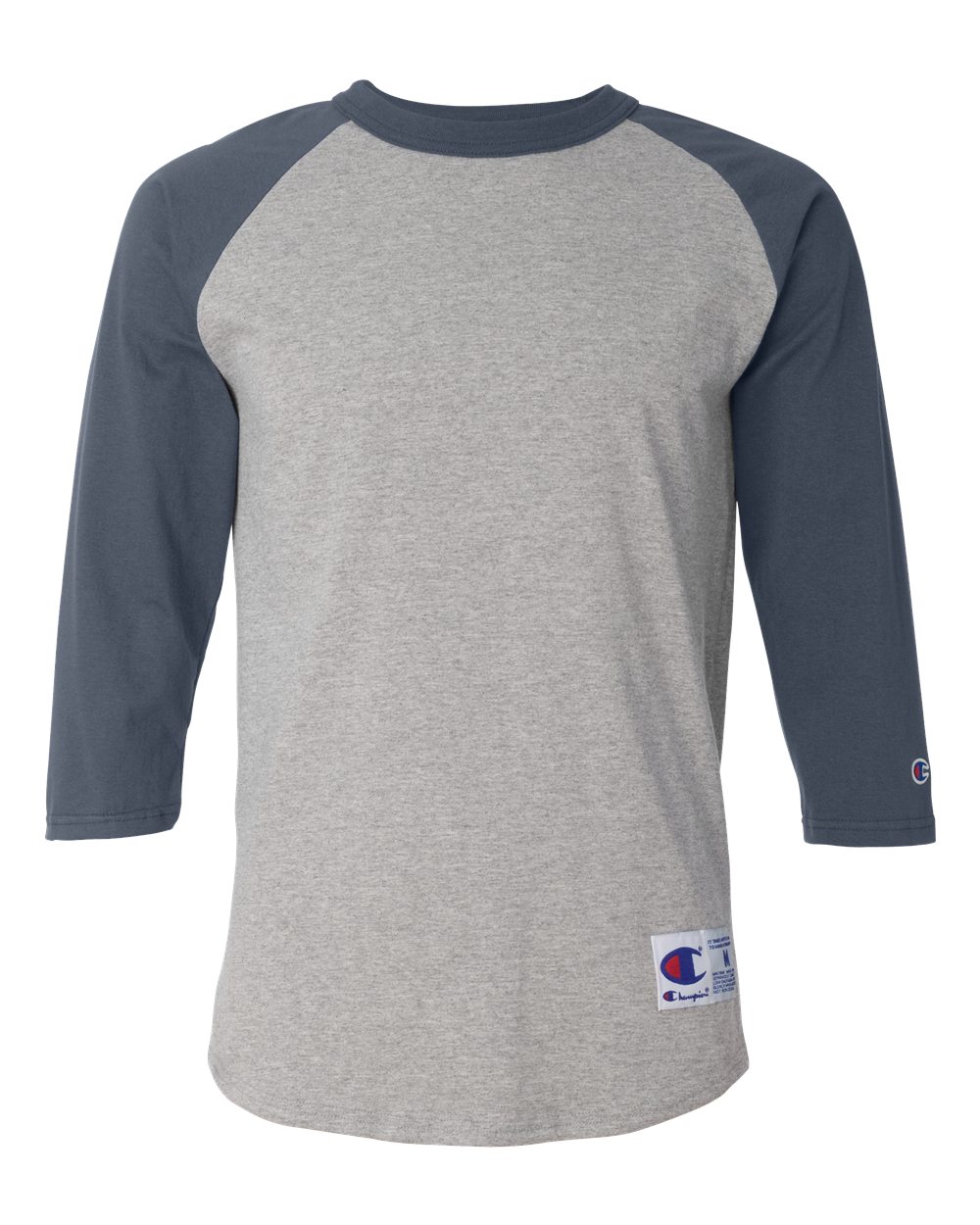 Front View of Oxford Grey/ Navy Raglan Sleeve Baseball T-Shirt - T137