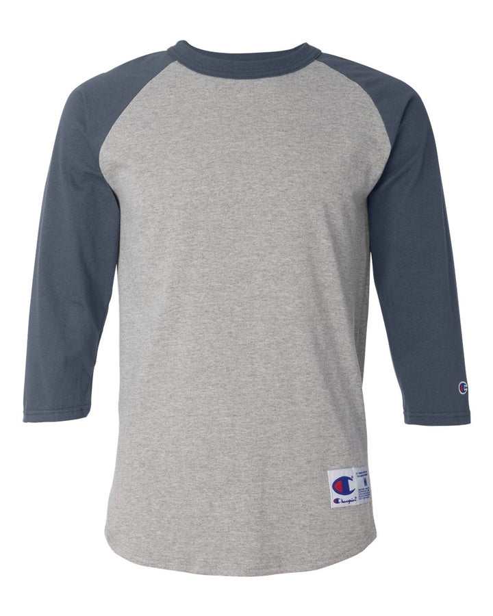 Front View of Oxford Grey/ Navy Raglan Sleeve Baseball T-Shirt - T137