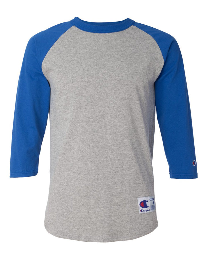 Front View of Oxford Grey/ Team Blue Raglan Sleeve Baseball T-Shirt - T137
