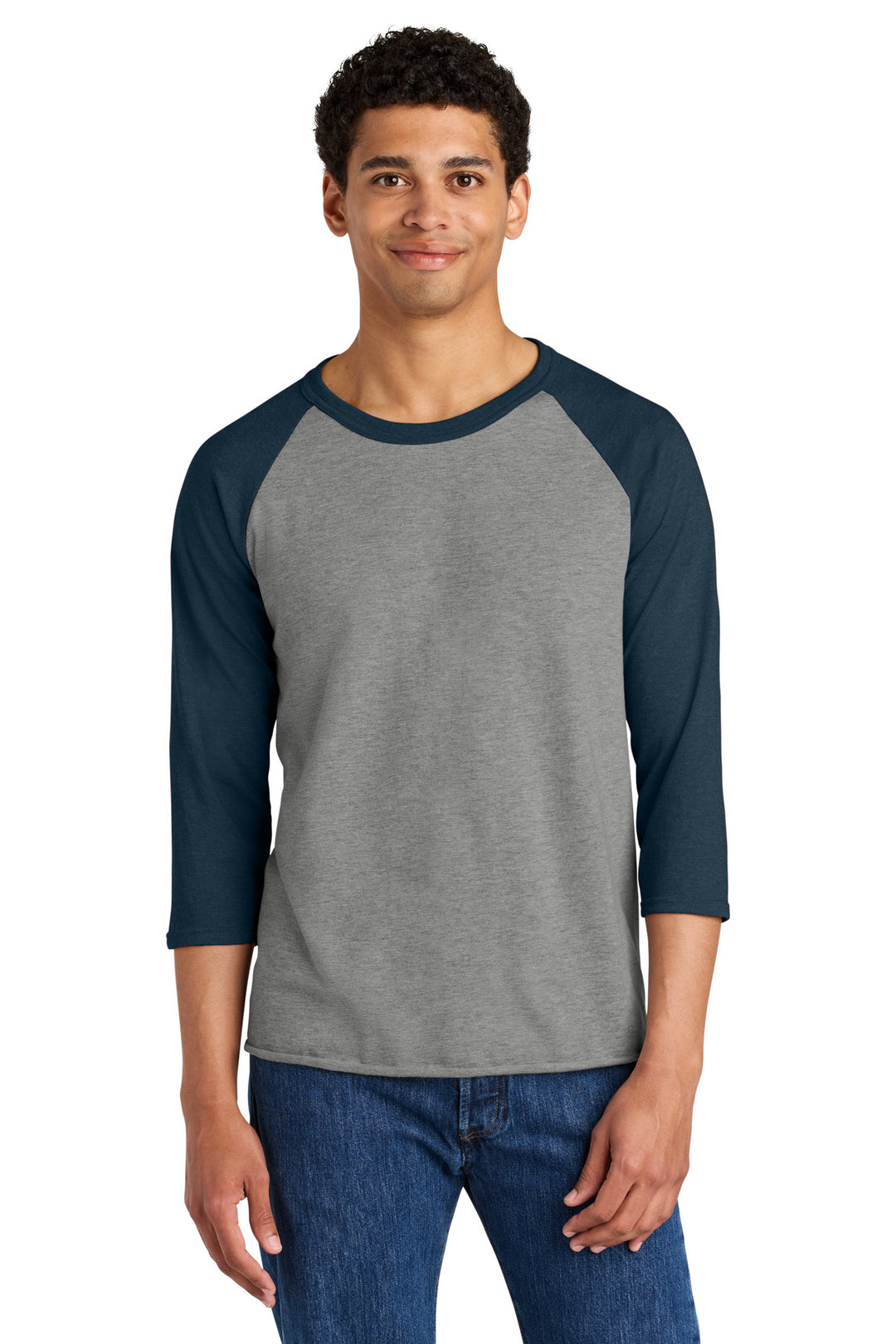 Front View of Ox/IndgoHt Jerzees Unisex Premium Blend Combed Ring Spun 3/4-Sleeve Raglan 560R