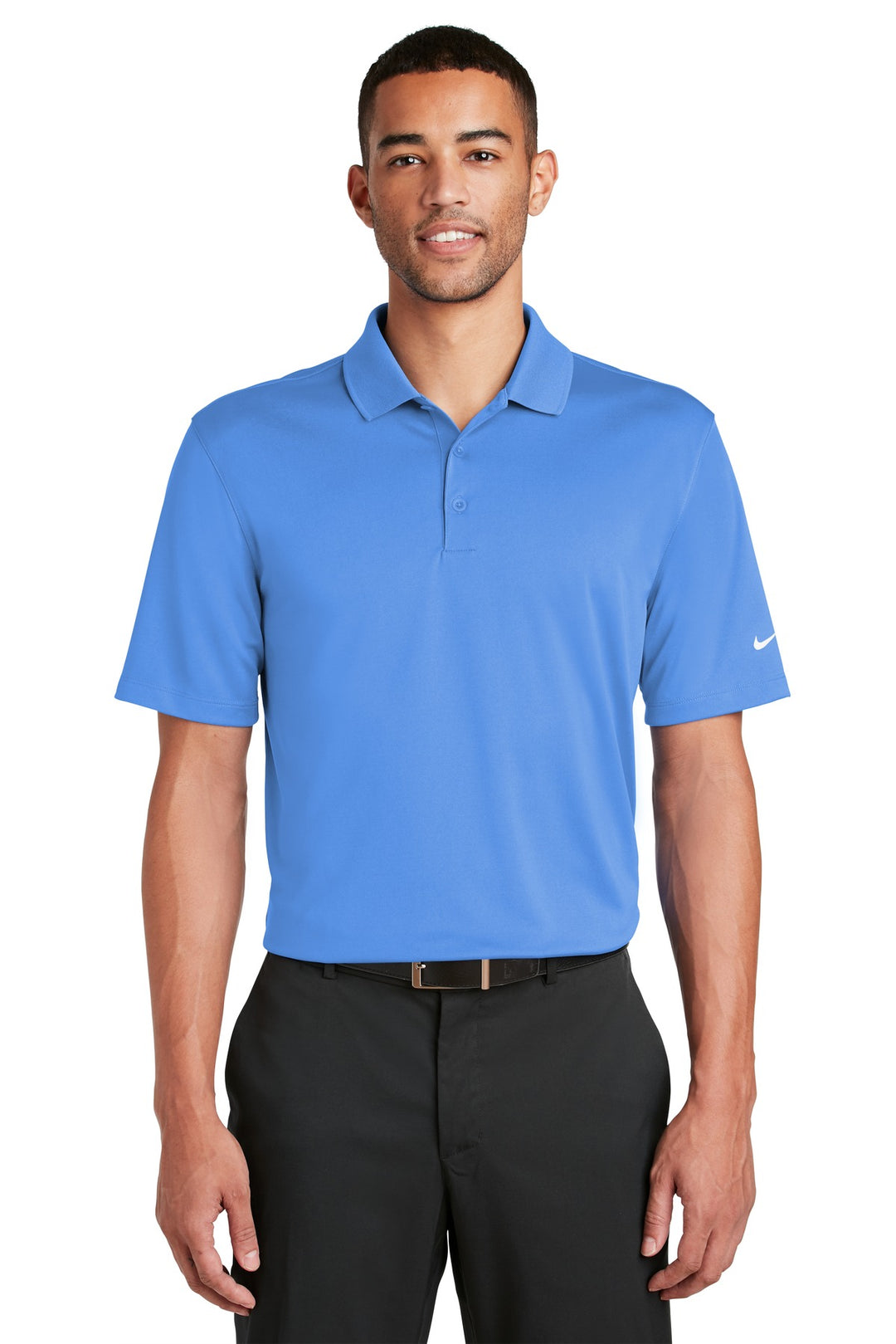 Front View of Pacific Blue Nike Dri-FIT Classic Fit Players Polo with Flat Knit Collar. 838956