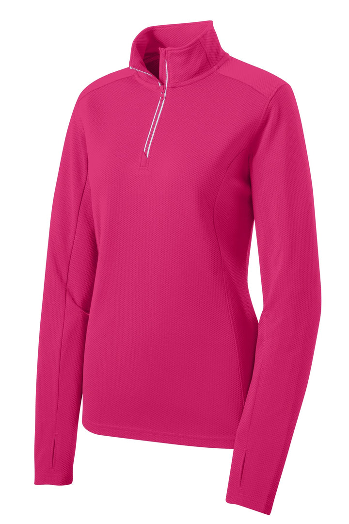 Front View of Pink Raspberry Sport-Tek Women's Sport-Wick Textured 1/4-Zip Pullover. LST860