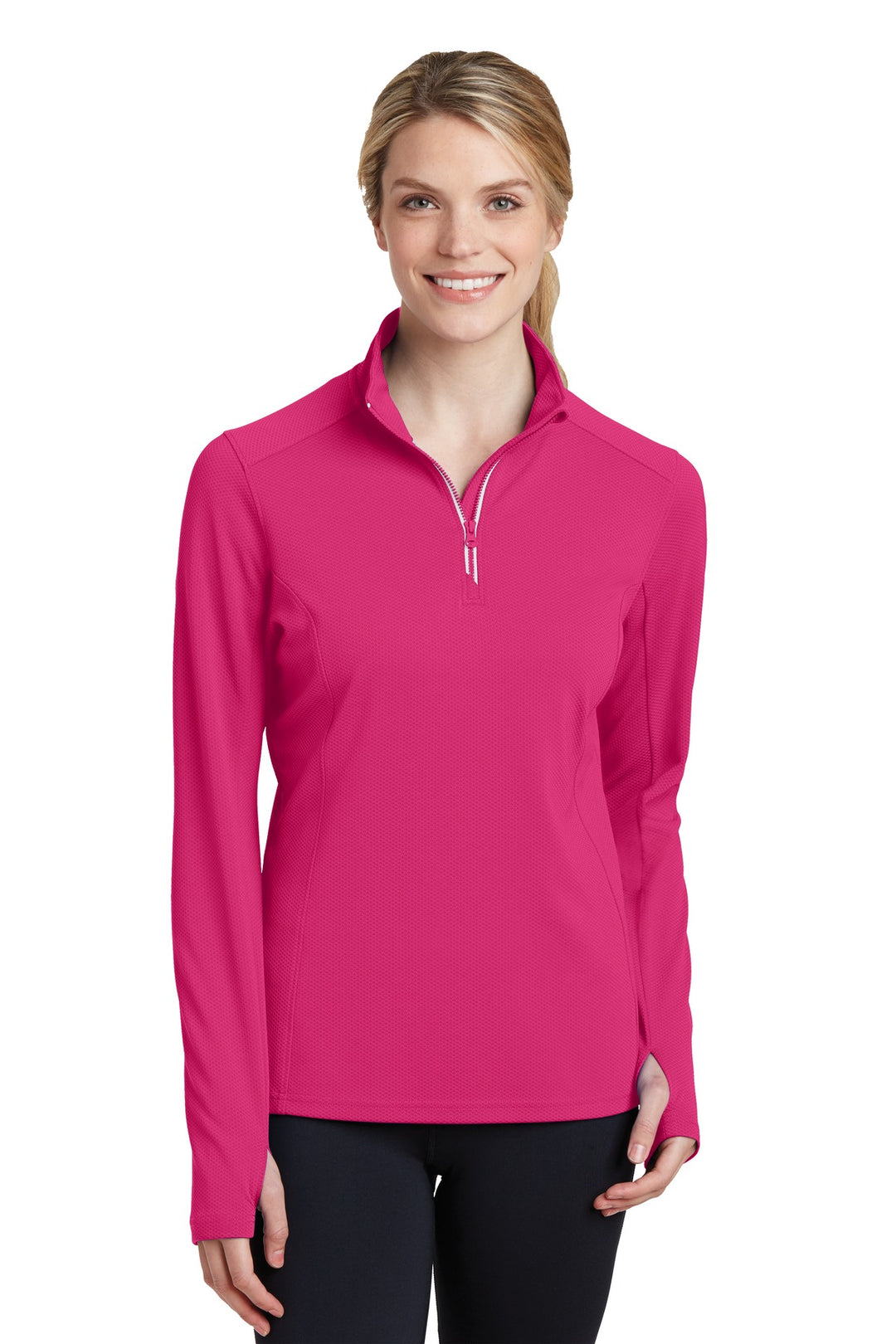 Front View of Pink Raspberry Sport-Tek Women's Sport-Wick Textured 1/4-Zip Pullover. LST860