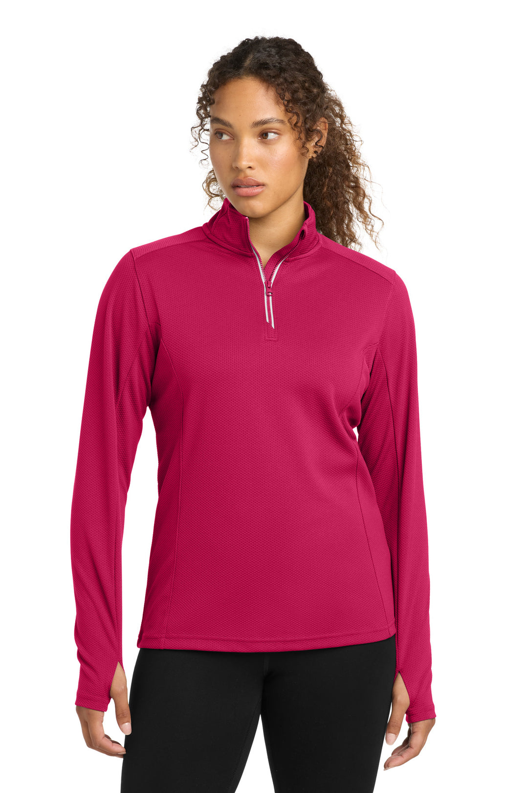 Front View of Pink Raspberry Sport-Tek Women's Sport-Wick Textured 1/4-Zip Pullover. LST860
