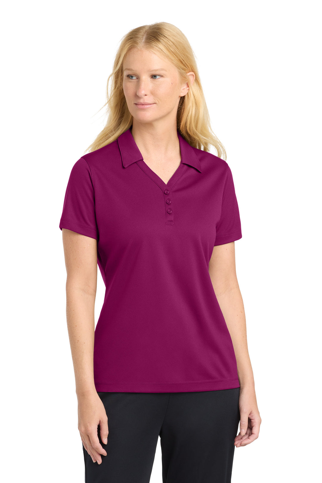 Front View of Pink Rush Sport-Tek Women's PosiCharge Micro-Mesh Polo. LST680