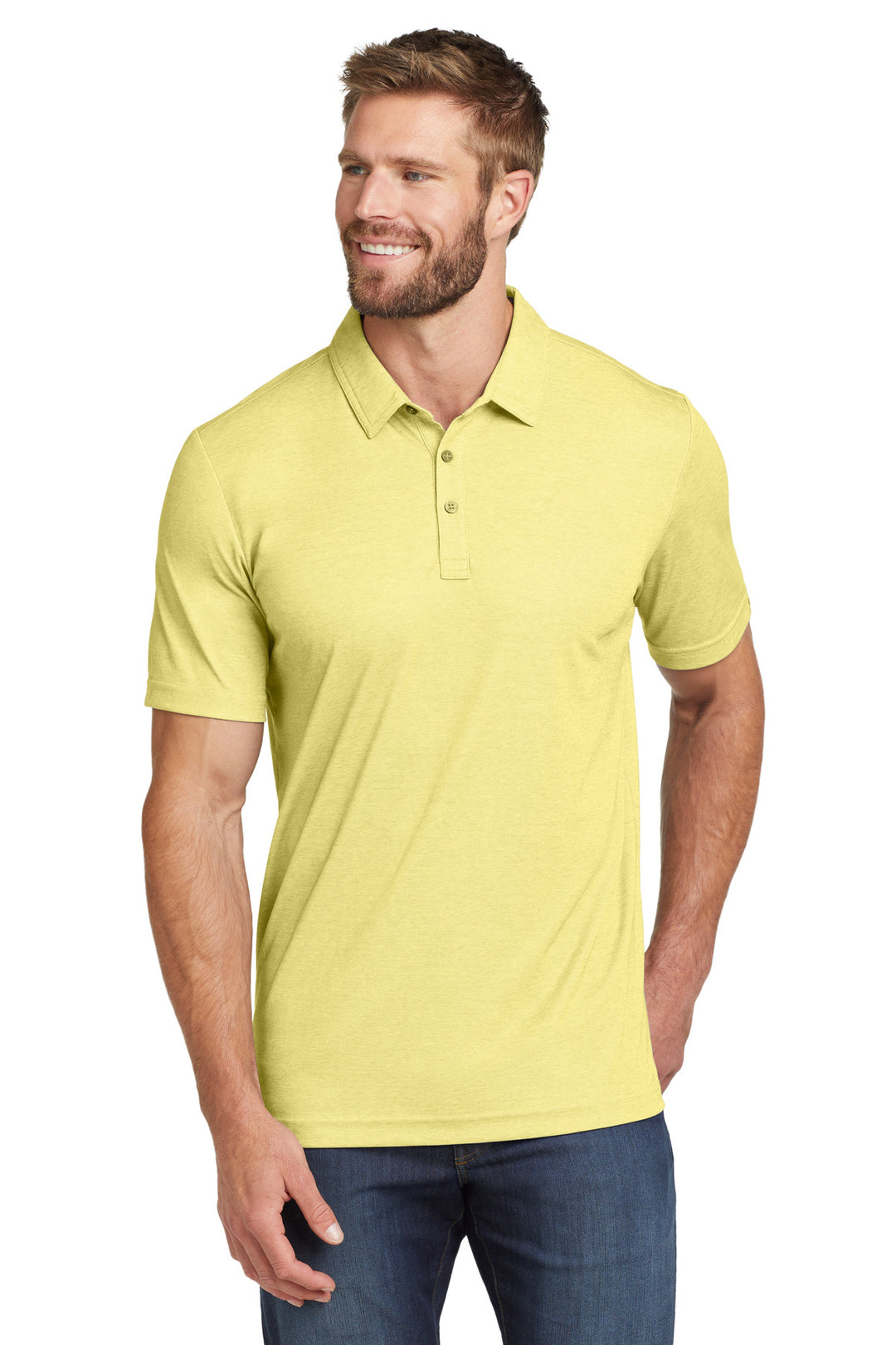 Front View of PlBananaHt TravisMathew Oceanside Heather Polo. TM1MU412