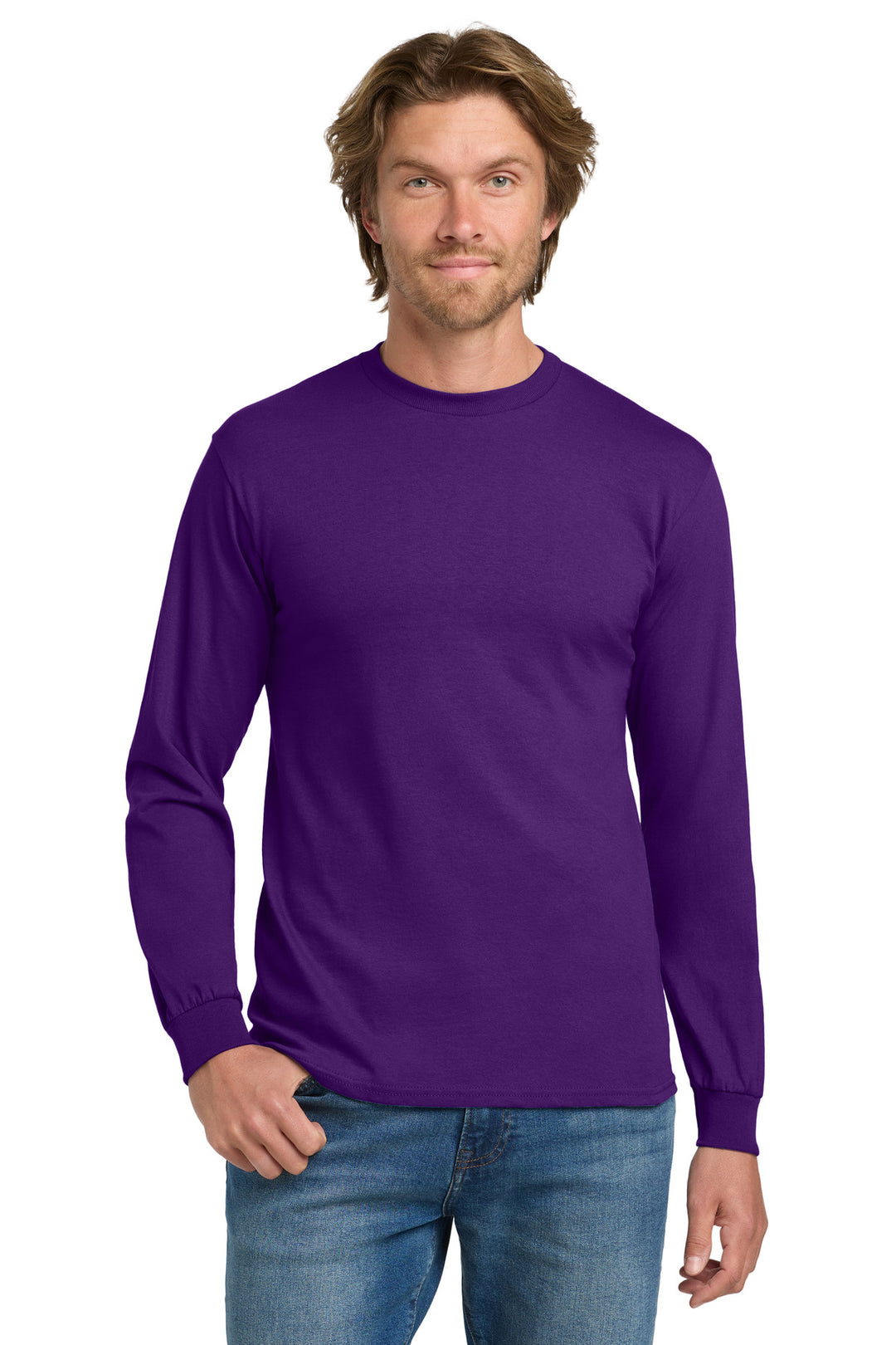 Front View of Purple Gildan - Heavy Cotton 100% Cotton Long Sleeve T-Shirt. 5400