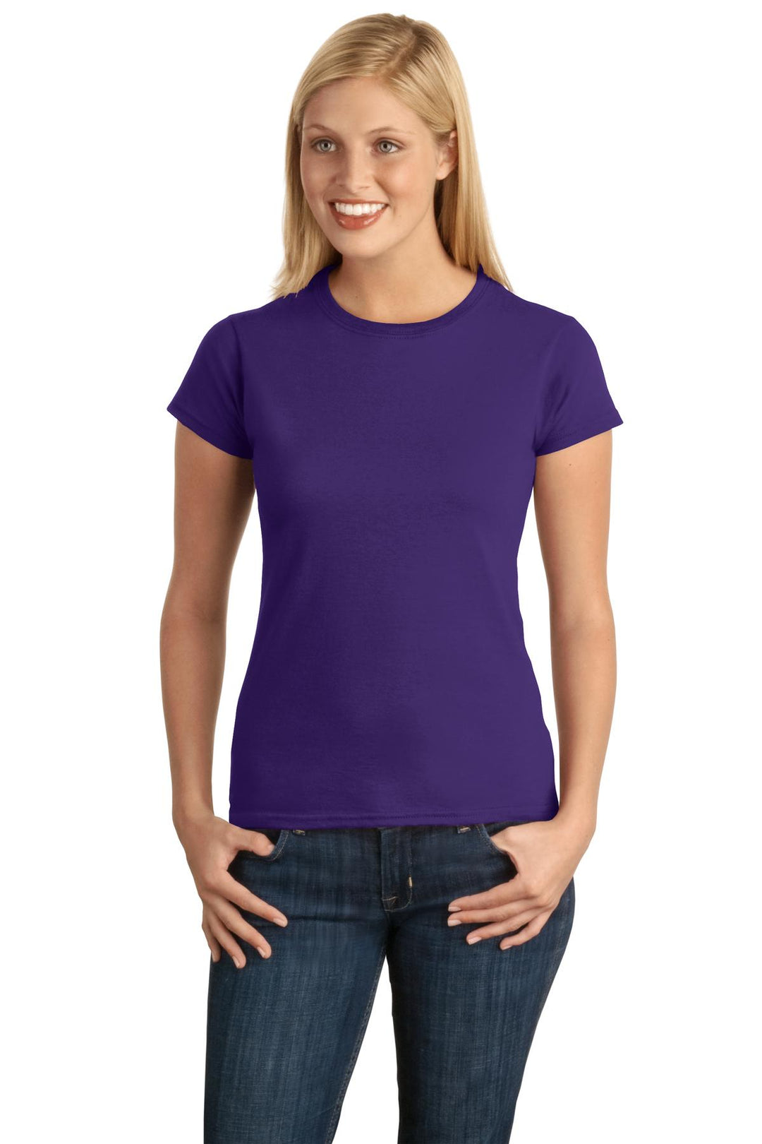 Front View of Purple Gildan Softstyle Women's T-Shirt. 64000L