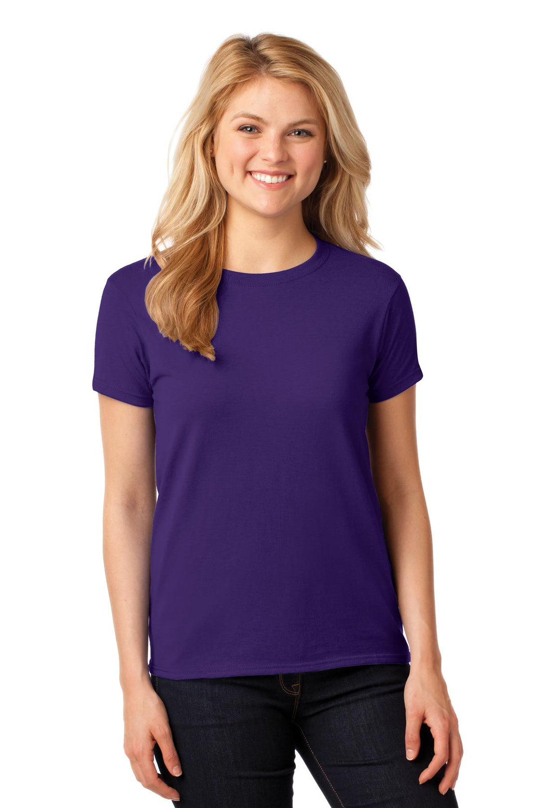 Front View of Purple Gildan Women's Heavy Cotton 100% Cotton T-Shirt. 5000L