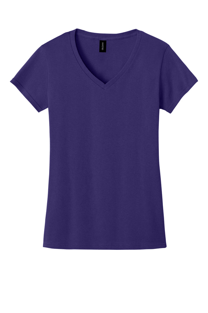 Front View of Purple Gildan Women's Heavy Cotton 100% Cotton V-Neck T-Shirt. 5V00L