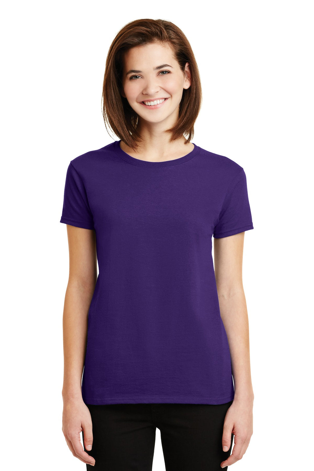 Front View of Purple Gildan Women's Ultra Cotton 100% US Cotton T-Shirt. 2000L