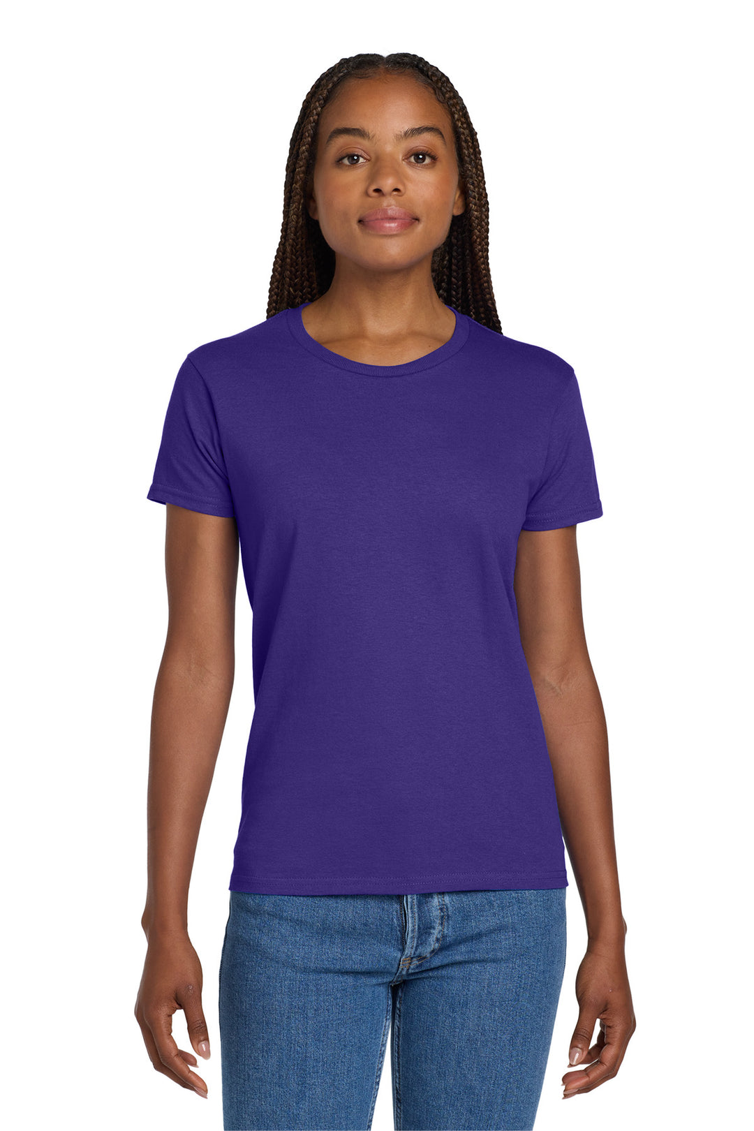 Front View of Purple Gildan Women's Ultra Cotton 100% US Cotton T-Shirt. 2000L