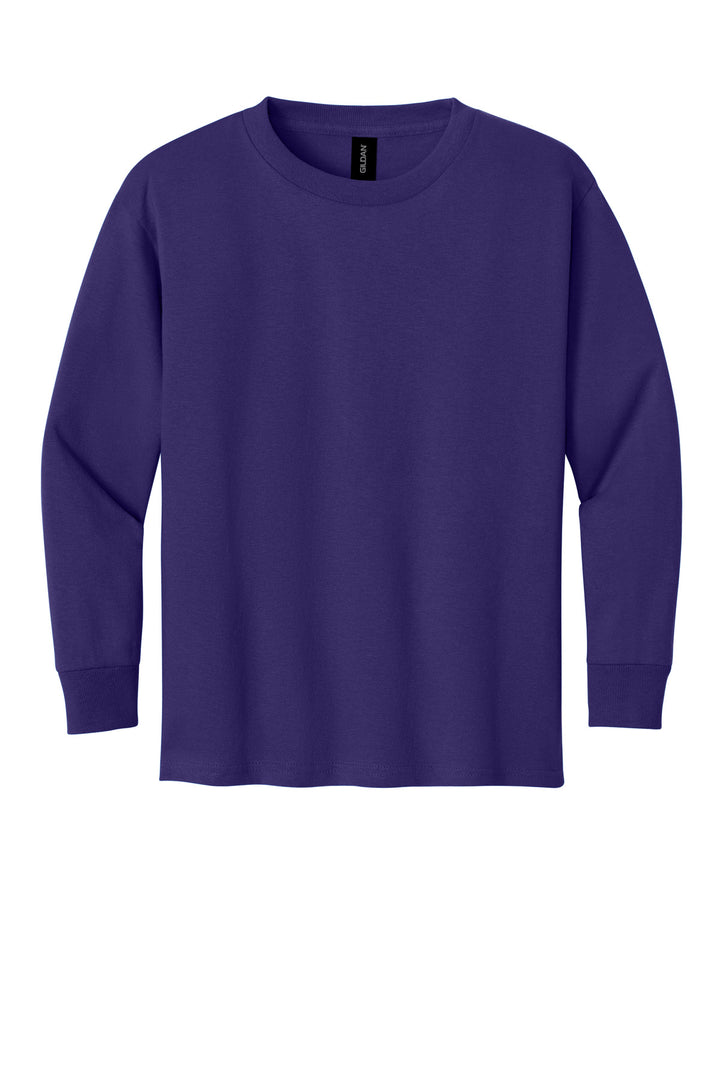 Front View of Purple Gildan Youth Heavy Cotton 100% Cotton Long Sleeve T-Shirt. 5400B