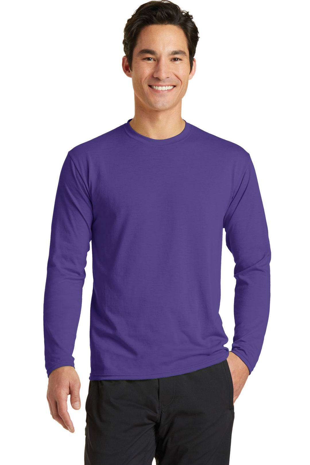 Front View of Purple Port & Company Long Sleeve Performance Blend Tee. PC381LS