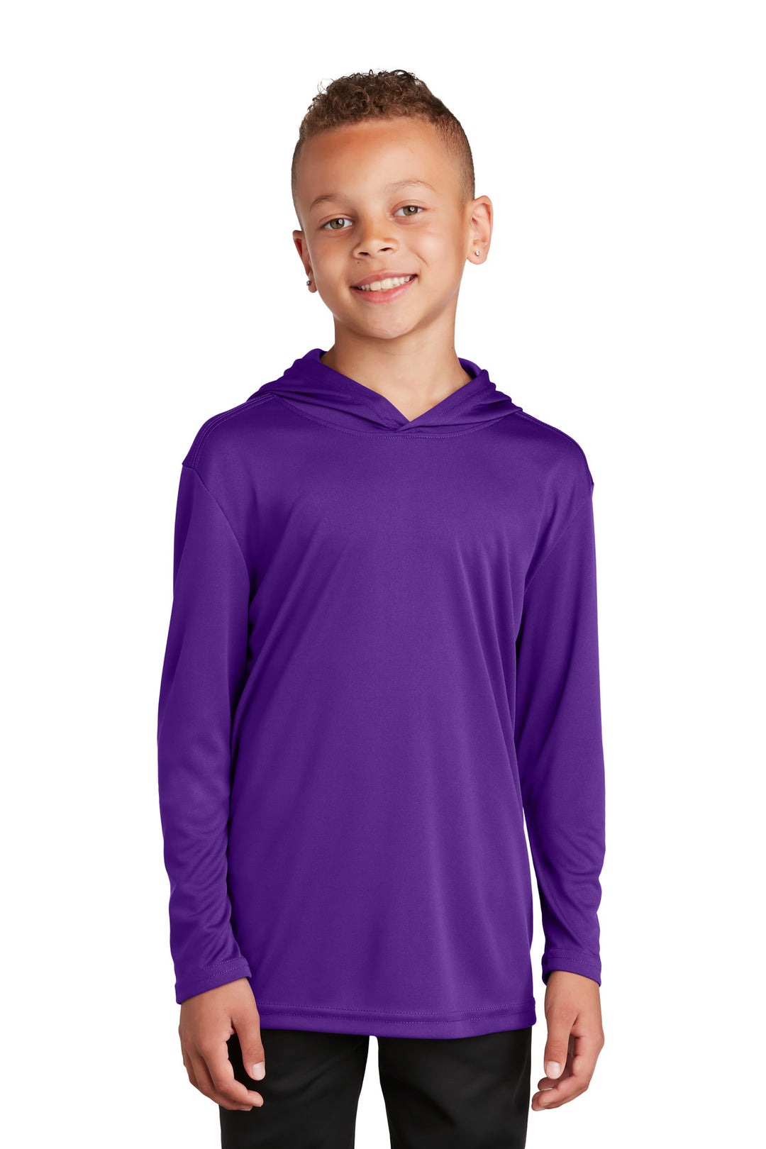 Front View of Purple Sport-Tek Youth PosiCharge Competitor Hooded Pullover. YST358