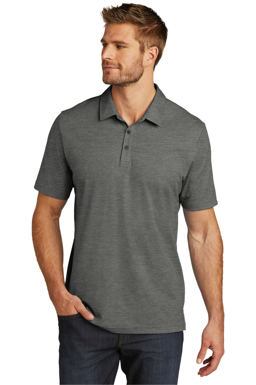Front View of QuiShaGyHt TravisMathew Oceanside Heather Polo. TM1MU412
