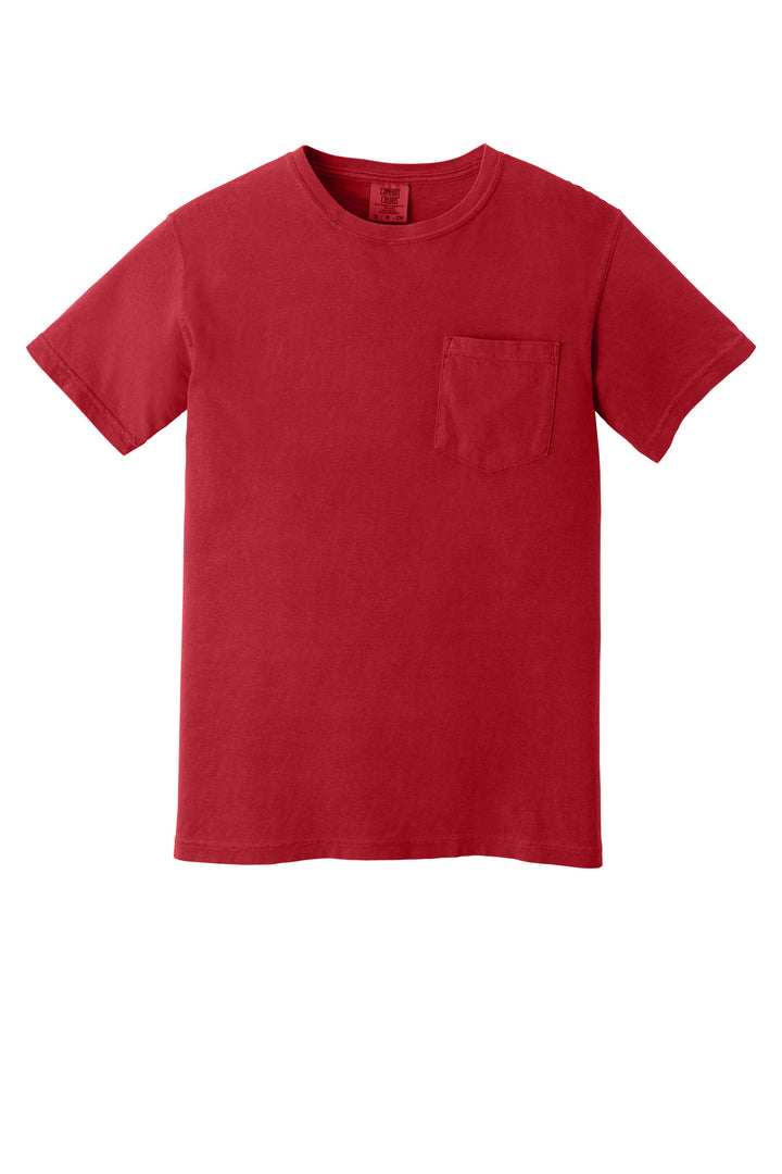 Front View of Red COMFORT COLORS Heavyweight Ring Spun Pocket Tee. 6030