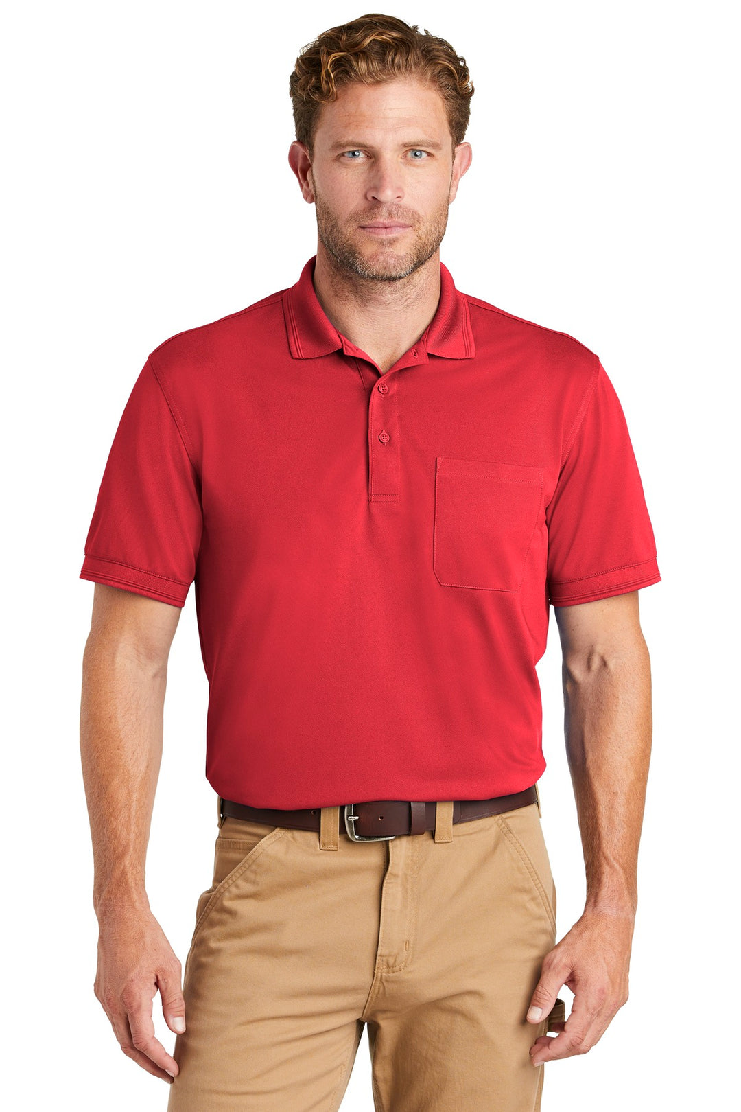 Front View of Red CornerStone Industrial Snag-Proof Pique Pocket Polo. CS4020P