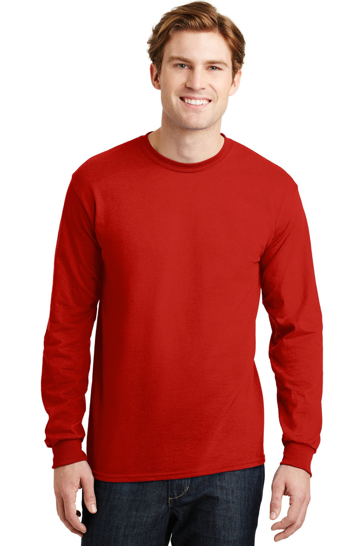 Front View of Red Gildan - DryBlend 50 Cotton/50 Poly Long Sleeve T-Shirt. 8400