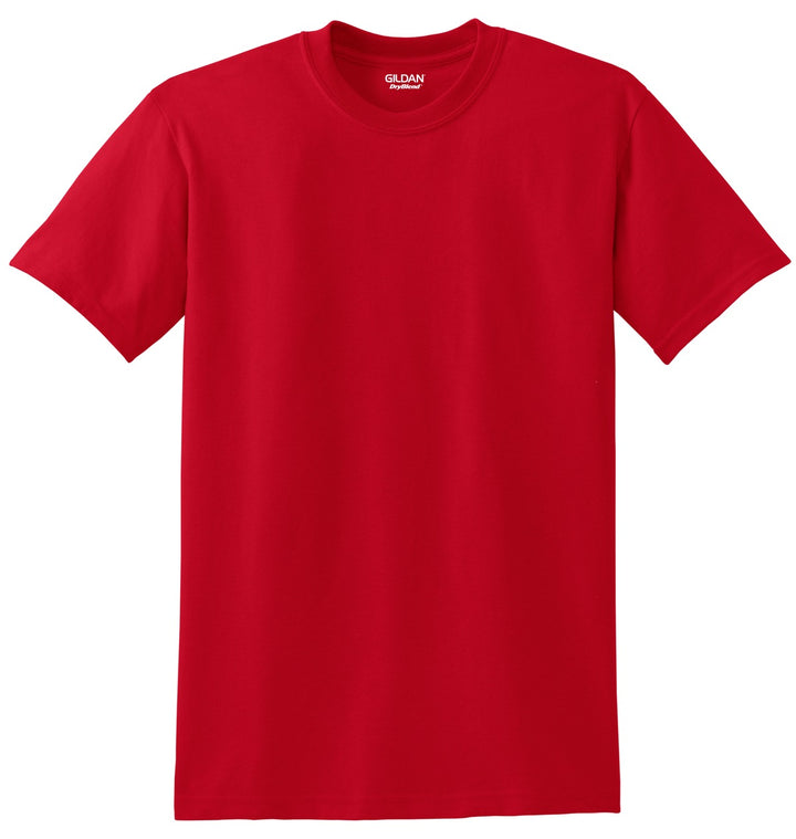 Front View of Red Gildan DryBlend 50 Cotton/50 Poly T-Shirt. 8000